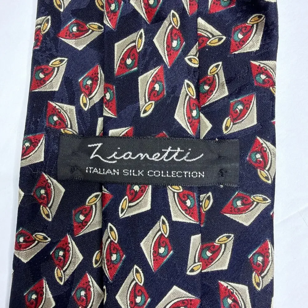 Zianetti Italian Silk Tie Blue Red Art Deco Statement Necktie USA Vintage Gift